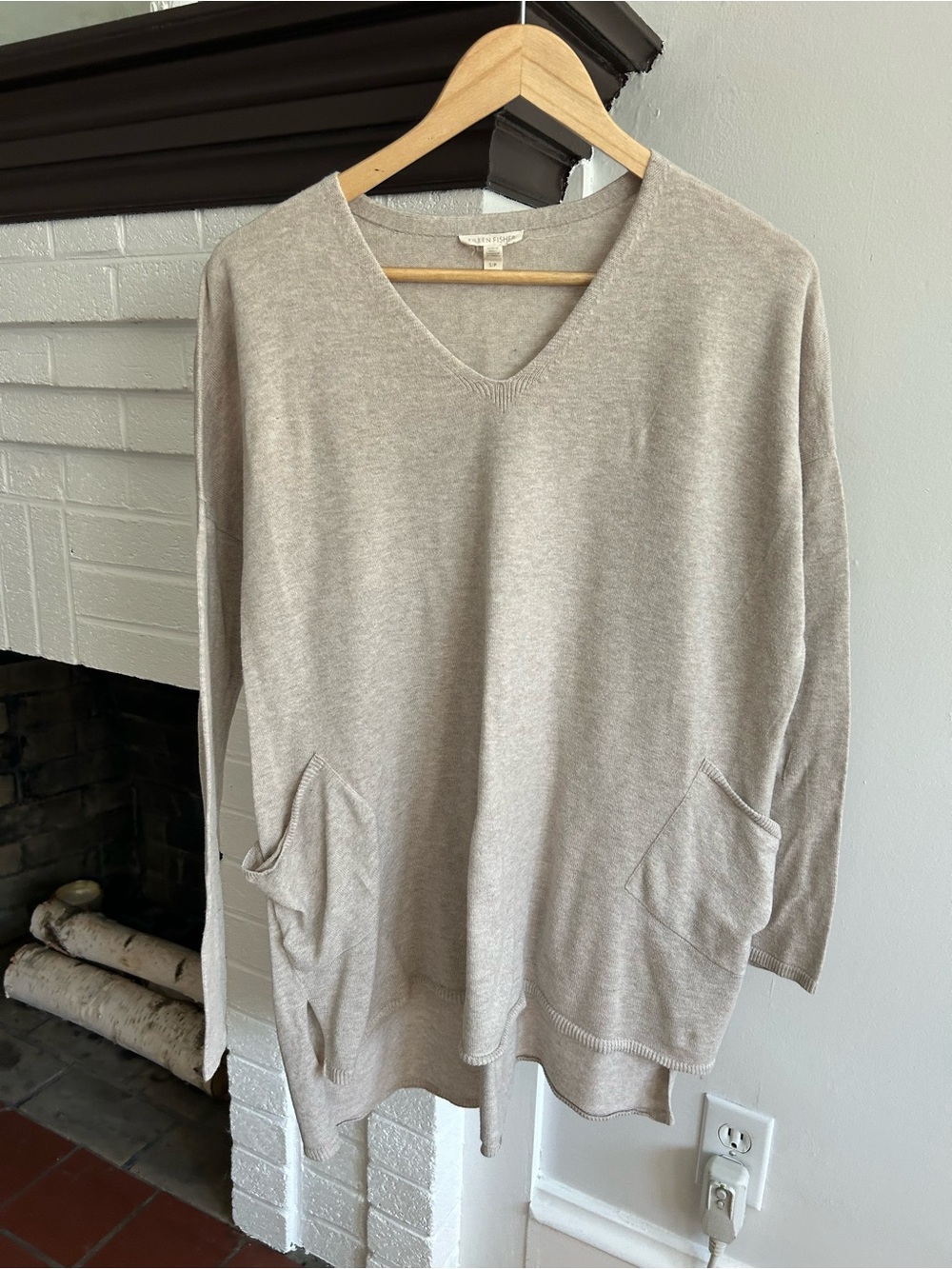 Eileen Fisher Taupe V-Neck Pocket Organic Cotton Sweater